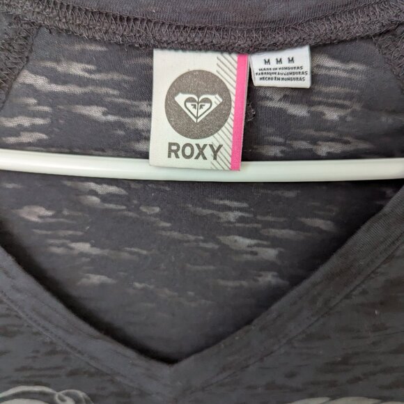 Roxy Semi-Sheer Black V-Neck Long Sleeve Tee, Medium - Picture 4 of 4